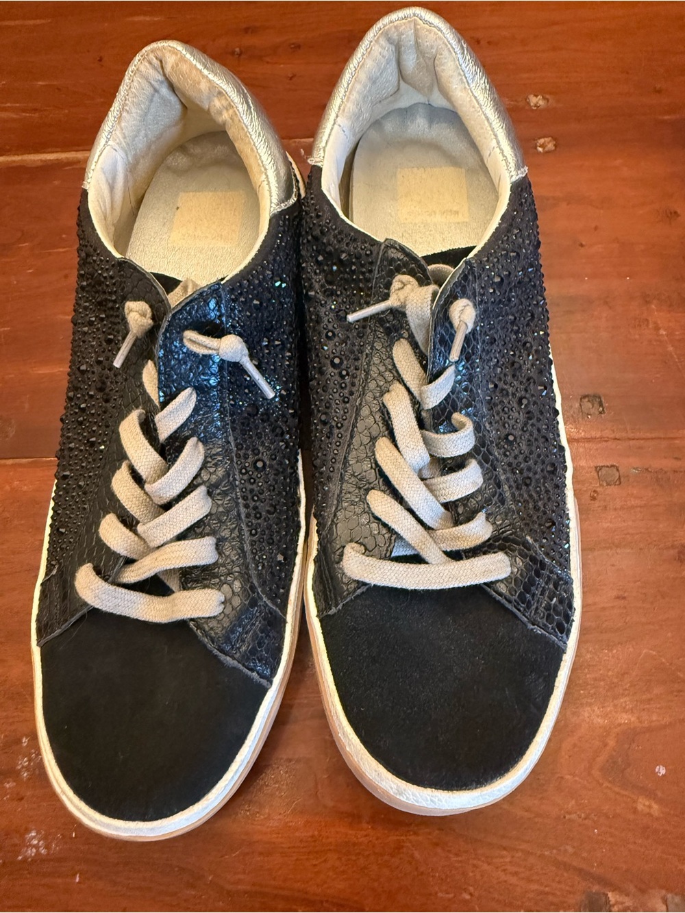 Dolce Vita Black Sparkle & Suede Lace-Up Sneakers with Silver Trim